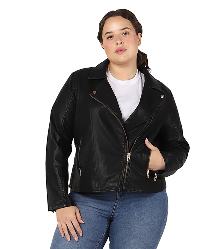 Front of a model wearing a size 0X Madalyn Faux Leather Moto Jacket in Black by DEX PLUS. | dia_product_style_image_id:234111